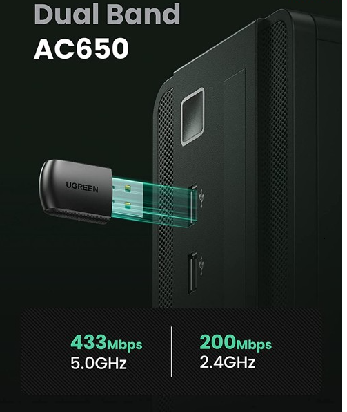 Thiết bị USB nhận wifi màu đen Ugreen 20204 Ac650 11Ac Dual-Band CM448 - HÀNG CHÍNH HÃNG