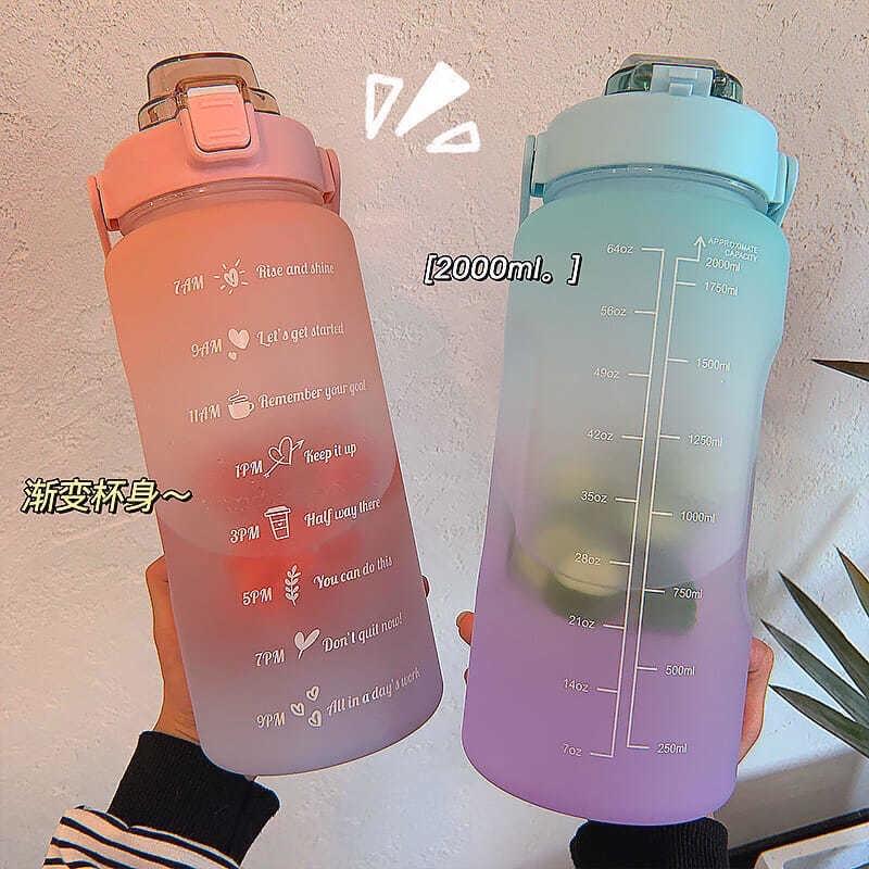 Bình nước nhắc nhở uống nước mỗi ngày 2 lít tiện lợi tặng kèm ống hút - Bình đựng nước thể thao - Chai detox sức khoẻ