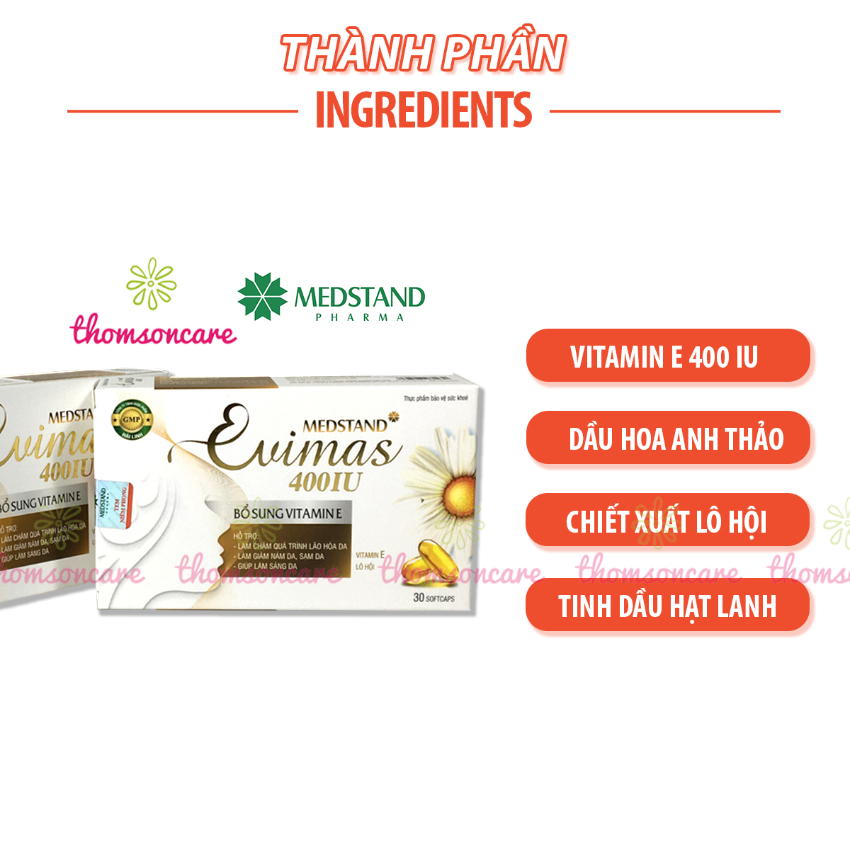 Medstand Evimas 400IU - Viên uống bổ sung vitaminE, kết hợp với tinh dầu hoa anh thảo - Đẹp da, ngăn ngừa lão hóa