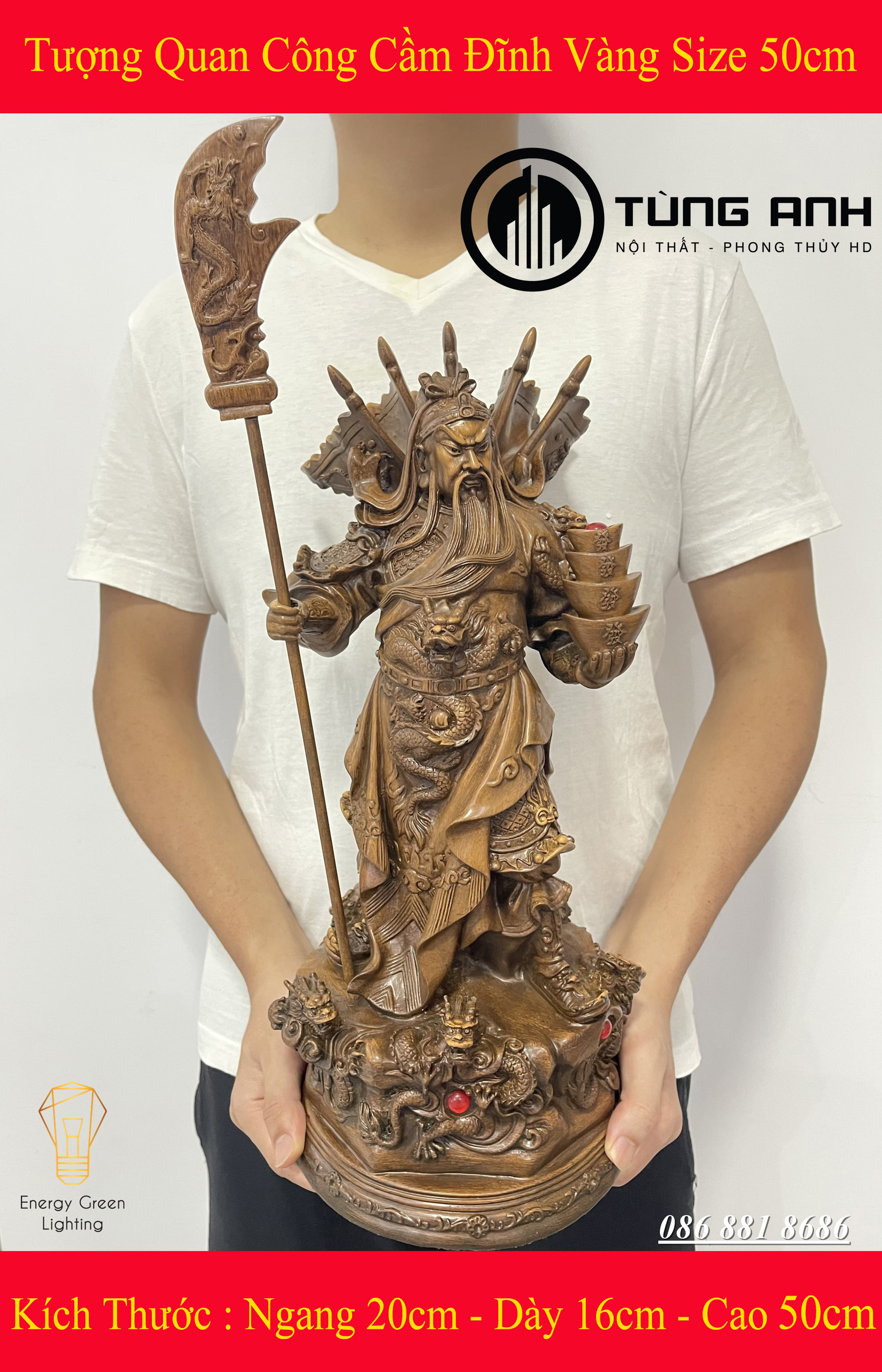 Tượng Quan Công Cầm Đĩnh Vàng Size 50cm - Mang Lại Sự May Mắn , Tài Lộc , Bình An - Có Video Thực Tế