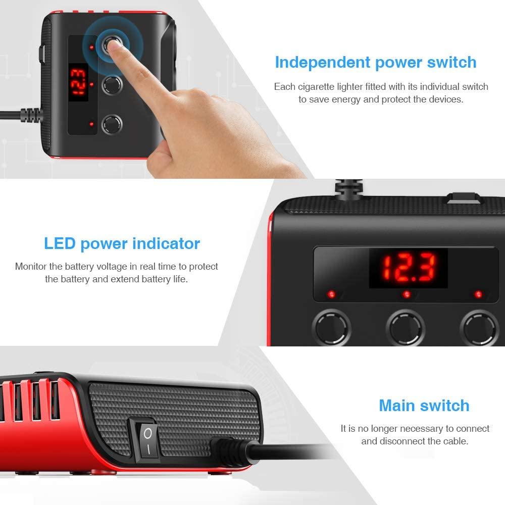 Bộ sạc xe hơi USB Sạc nhanh Bộ sạc nhẹ hơn 12V/24V 3.6A 100W, 4 cổng USB Splitter 3 ổ cắm với màn hình điện áp 3 công tắc độc lập màu đỏ