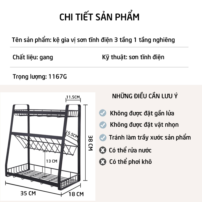 Kệ gia vị nhà bếp 3 tầng cho gia đình, nhà hàng, khách sạn sang trong