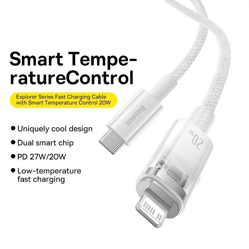 Cáp sạc nhanh Tự Ngắt PD 20W Gen2 Ba-se-us Explorer Series Fast Charging Cable Smart Power-Off Type-C to Lai-nin 20W - Hàng chính hãng