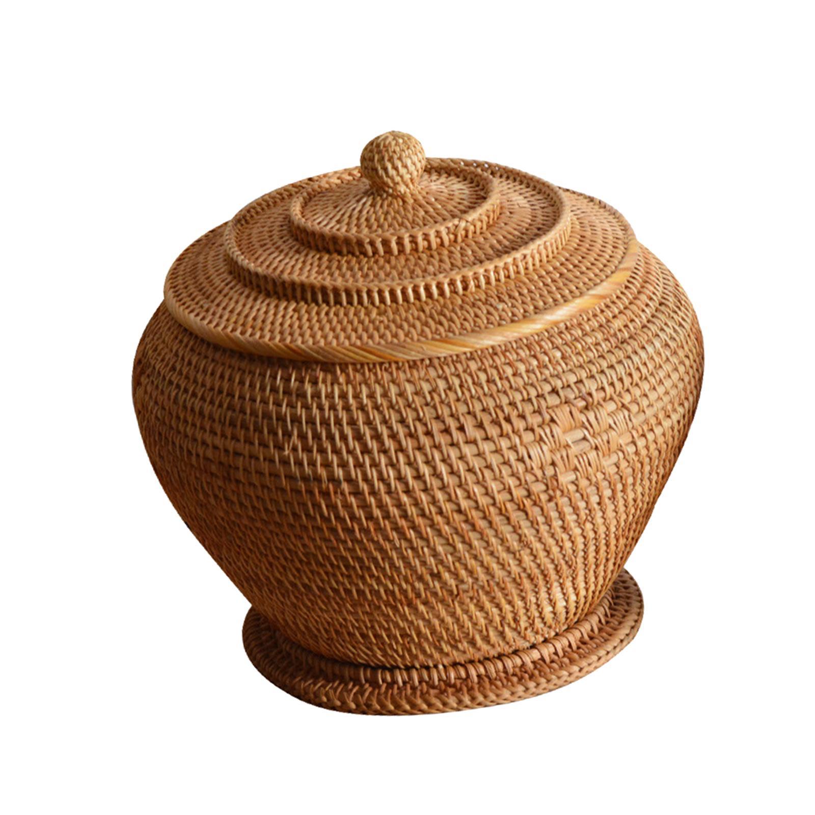 Rattan Woven Basket with Lid Durable Organizer Round for Vegetable Kitchen