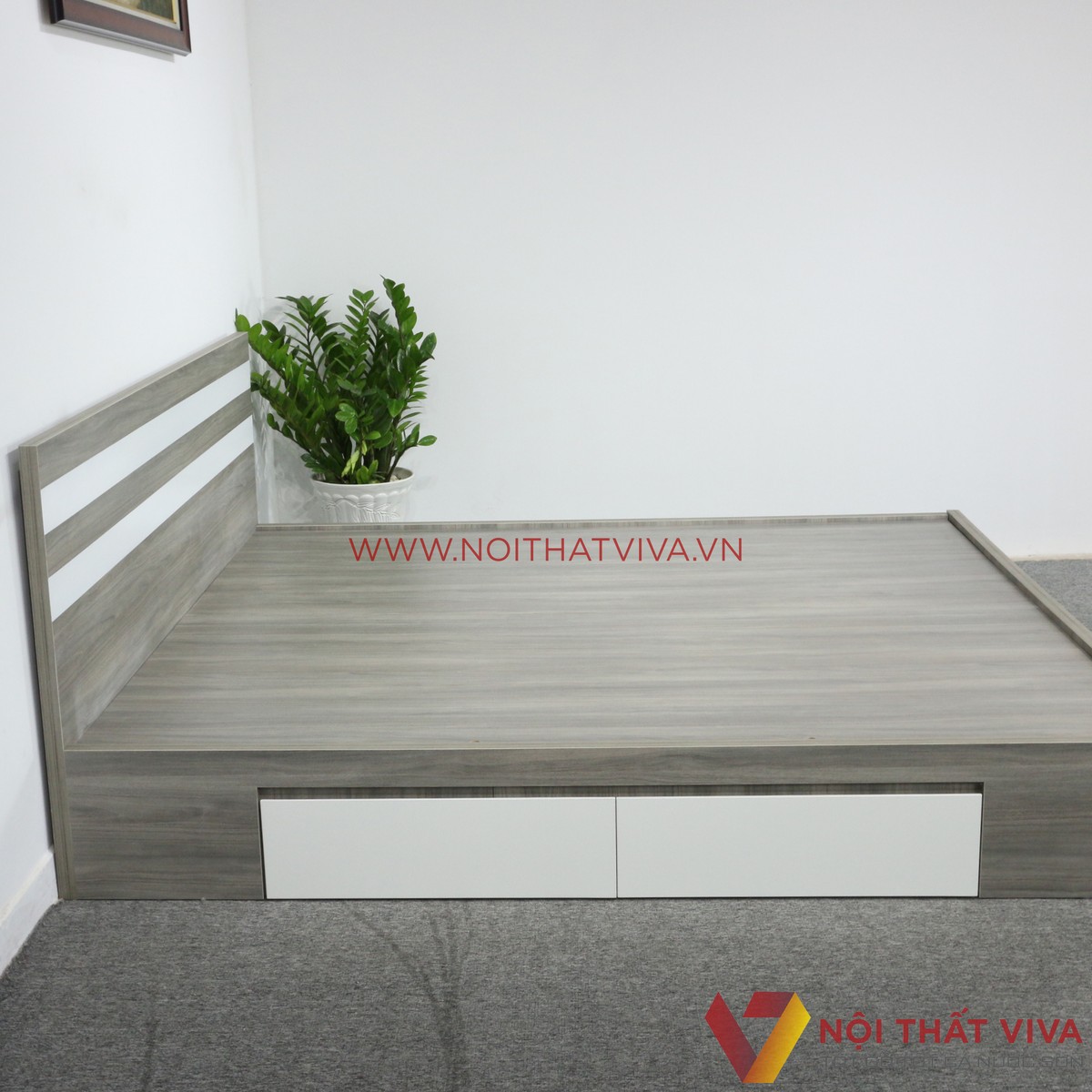 Giường Ngủ MDF Melamine Màu Xám Vân Gỗ Chỉ Trắng Có Hộc Kéo Hiện Đại
