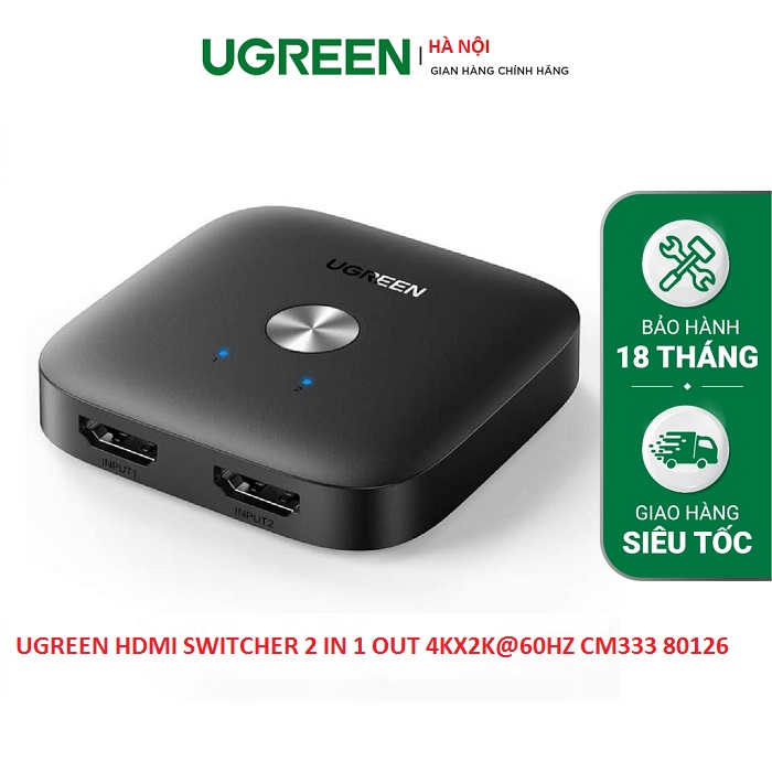 Bộ gộp chuyển mạch HDMI Switcher 2 vào 1 ra hỗ trợ 4K/60Hz chính hãng Ugreen 80126 hàng chính hãng