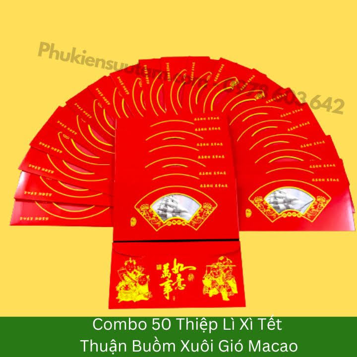 Combo 50 Thiệp Lì Xì Tết Thuận Buồm Xuôi Gió Macao, kích thước: 20cmx10cm, màu đỏ - SP005883