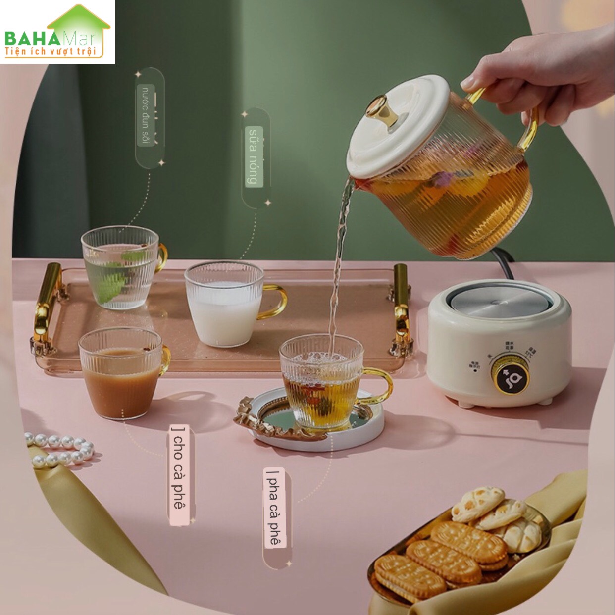 BỘ ẤM PHA TRÀ ĐIỆN CÁCH NHIỆT "BAHAMAR" dùng pha cafe, trà hoa, trà dưỡng nhan… rất nhanh gọn