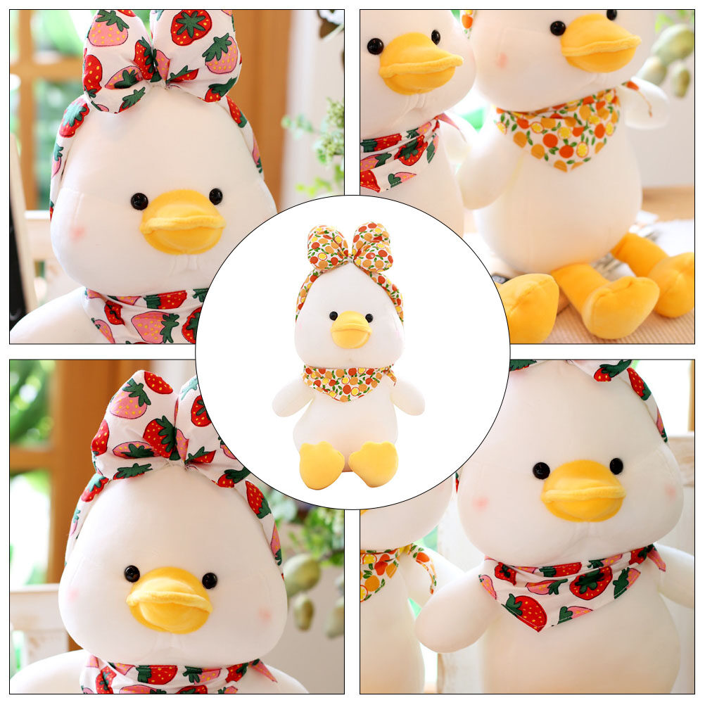 Gấu bông vịt trắng baby đeo khăn, nơ trái cây siêu dễ thương mềm mịn (25cm) vải miniso 4 chiều co giãn êm ái, an toàn cho trẻ nhỏ