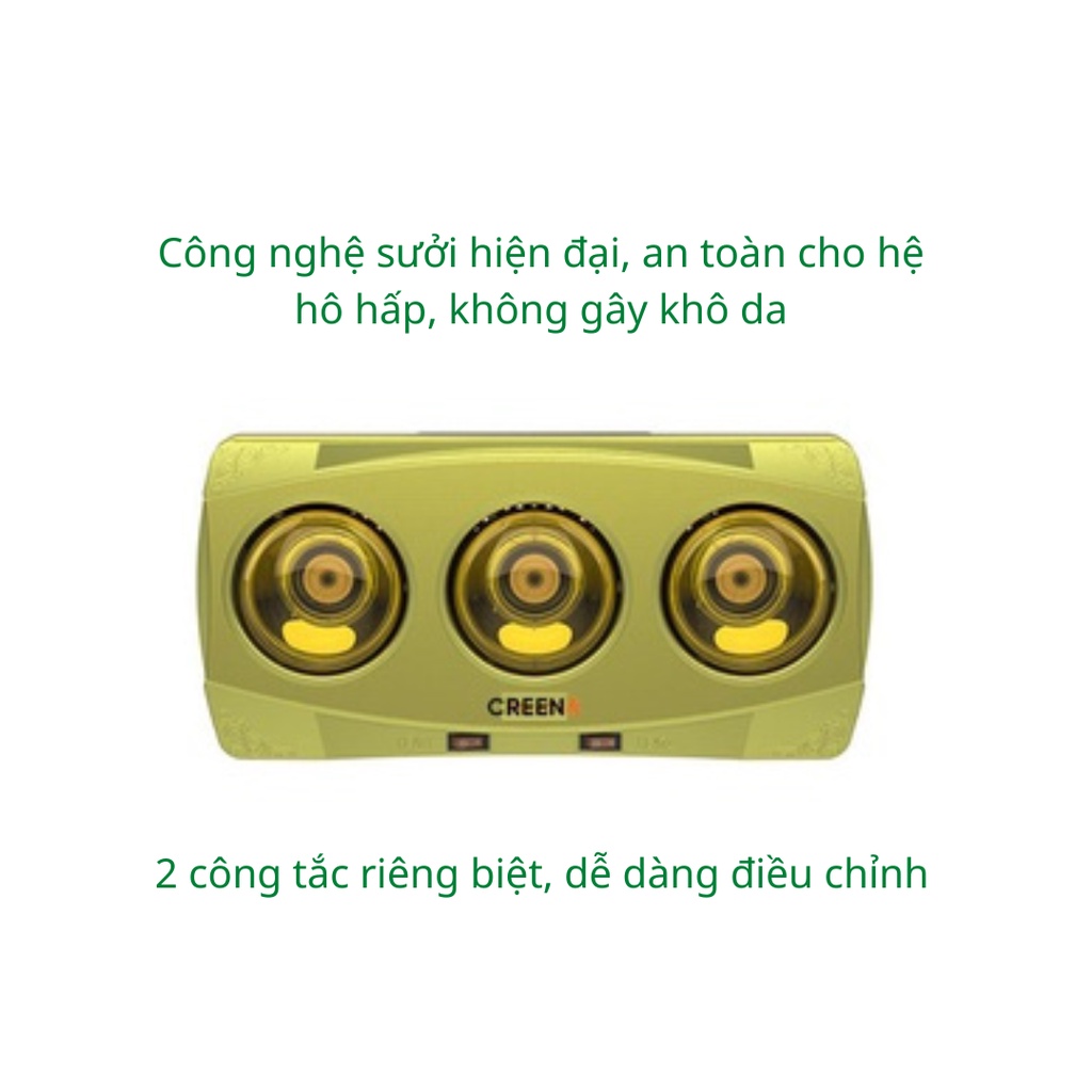 Đèn Sưởi Nhà Tắm 3 Bóng Halogen CREEN CR-03B, Chống Nước, Chống Chập Điện, Toả Nhiệt Đều, Không Loá Mắt, Thương Hiệu Tây Ban Nha - Hàng chính hãng