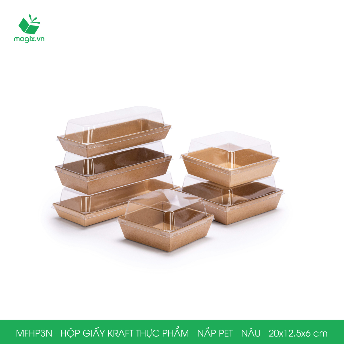 MFHP3N - 20x12.5x6 cm - 100 hộp giấy kraft thực phẩm màu nâu nắp Pet, hộp giấy chữ nhật đựng thức ăn, hộp bánh nắp trong
