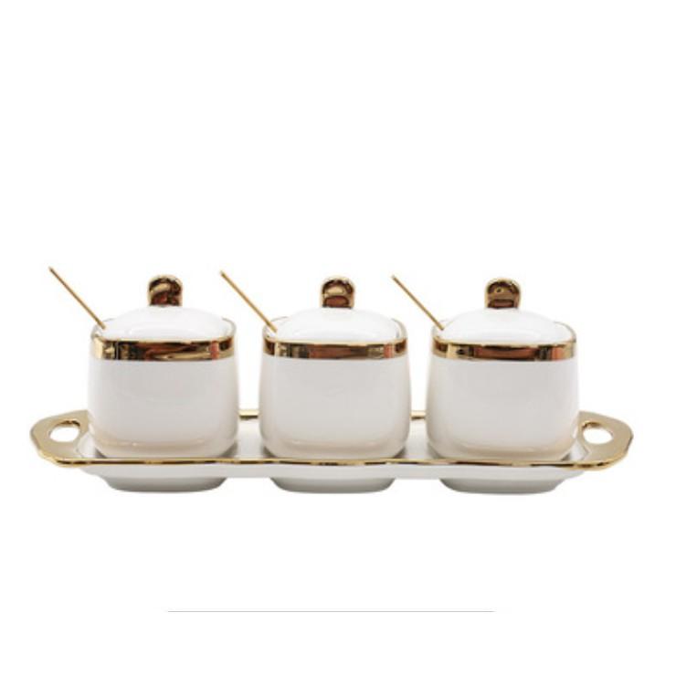 lọ để gia vị. khay để gia vị. set 3 lọ để gia vị. hộp để gia vị bao gồm cả thìa. phụ kiện nhà bếp