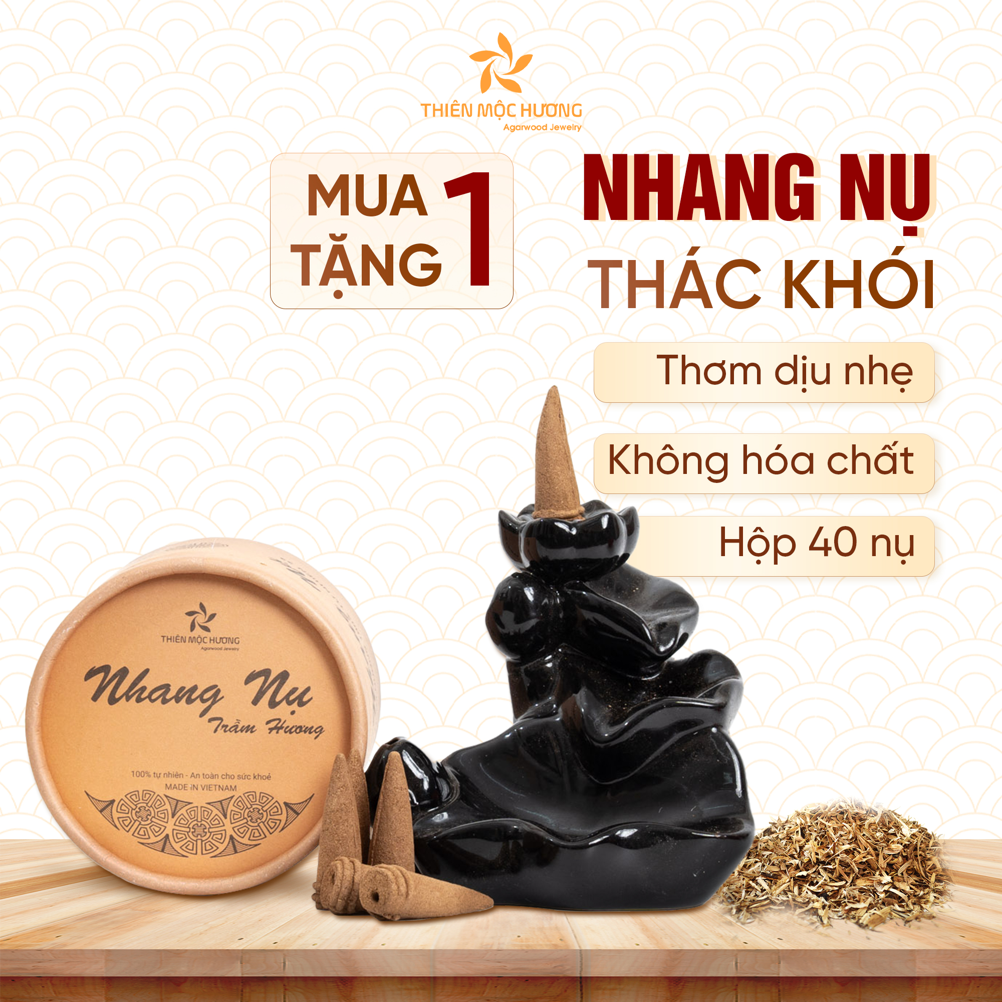 Nhang Nụ Trầm Hương Loại 12 Năm tích trầm - Tặng kèm thác khói xông nhà - Thơm lâu, mùi dễ chịu, an toàn sức khỏe - Thiên Mộc Hương