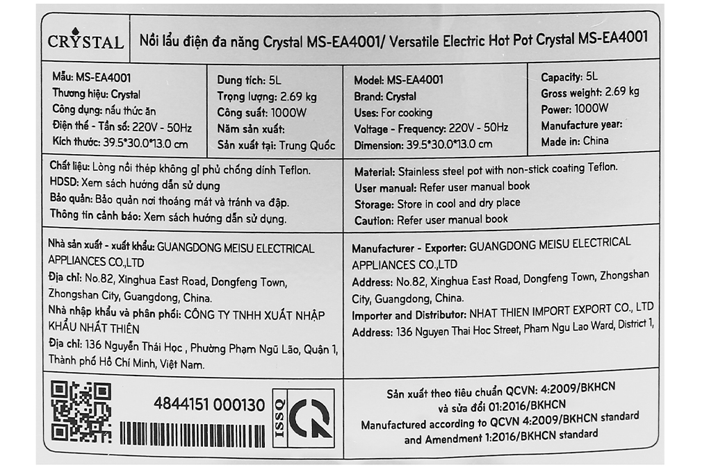 Nồi lẩu điện Crystal MS-EA4001 5 lít - Hàng chính hãng