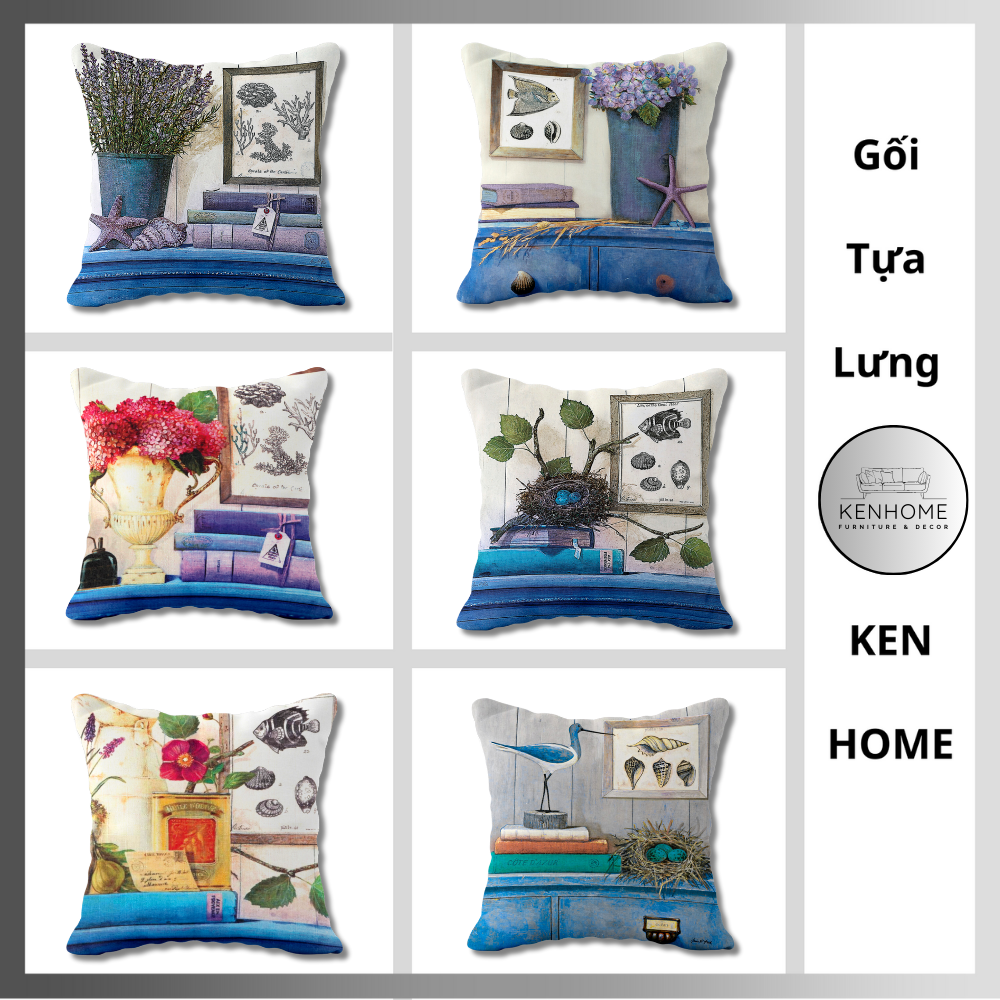 Gối Sofa Họa Tiết Trang Trí Phòng Khách - KENHOME - Gối Tựa Lưng Sofa Phong Cách Địa Trung Hải Cổ Điển - Chất Liệu Vải Bố - Kích Thước 45x45cm