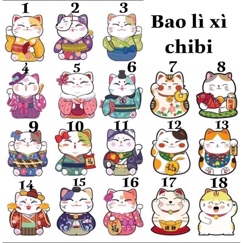 Bao Lì Xì Chibi Hoạt Hình Dễ Thương Có PHẢN QUANG Mừng Tuổi Tết Quý Mão 2023 (Set 10 - 50 Bao)