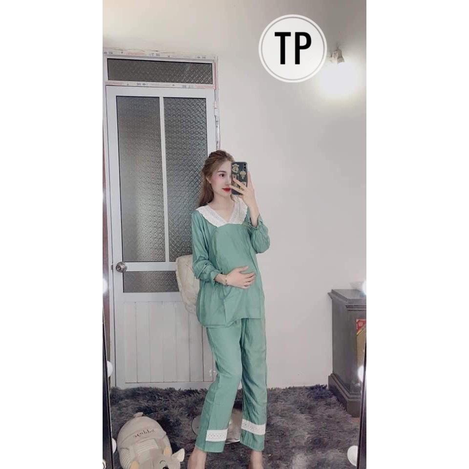 Bộ bầu dài chất đũi mát mặc bầu và sau sinh freesize từ 40-67kg