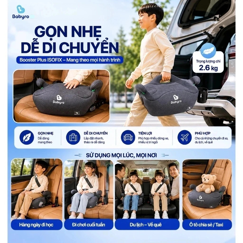 Ghế ngồi ô tô cho trẻ em Babyro Booster Plus(Có isofix), ghế nâng chiều cao cho bé 6 - 12 tuổi, tiêu chuẩn R129 - Hàng chính hãng