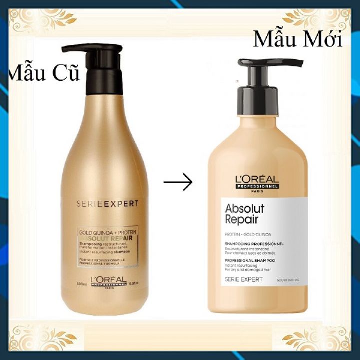 Bộ dầu gội xả phục hồi tóc L'oreal Serie Expert Gold quinoa + Protein Absolut Repair Instant resurfacing 500ml+200 ml (MỚI CHÍNH HÃNG )