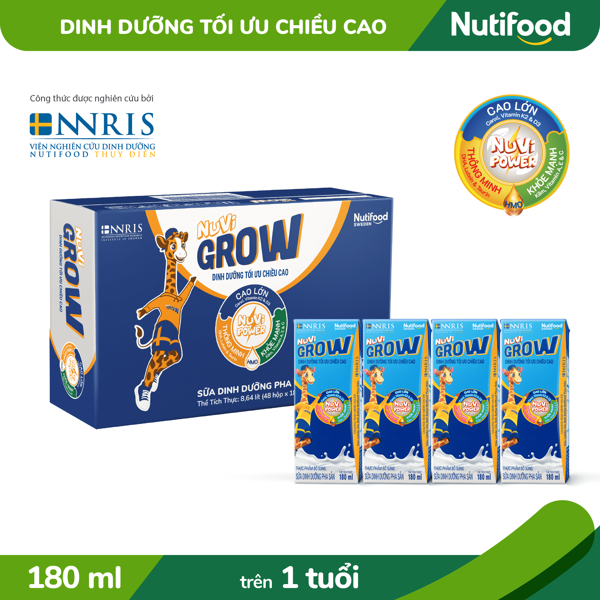 Thùng 48 Hộp 180ml Sữa Bột Pha Sẵn Nuvi Grow Trên 1 Tuổi - Phát Triển Chiều Cao