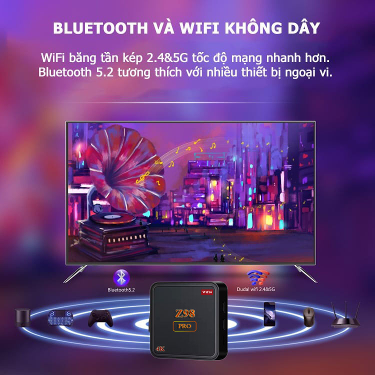 Tivi box Z98 Pro mới có điều khiển giọng nói tiếng việt Ram 4G Rom 32G hỗ trợ bluetooth Wifi băng tần kép cài sẵn chương trình tivi và xem phim HD miễn phí vĩnh viễn - Hàng nhập khẩu