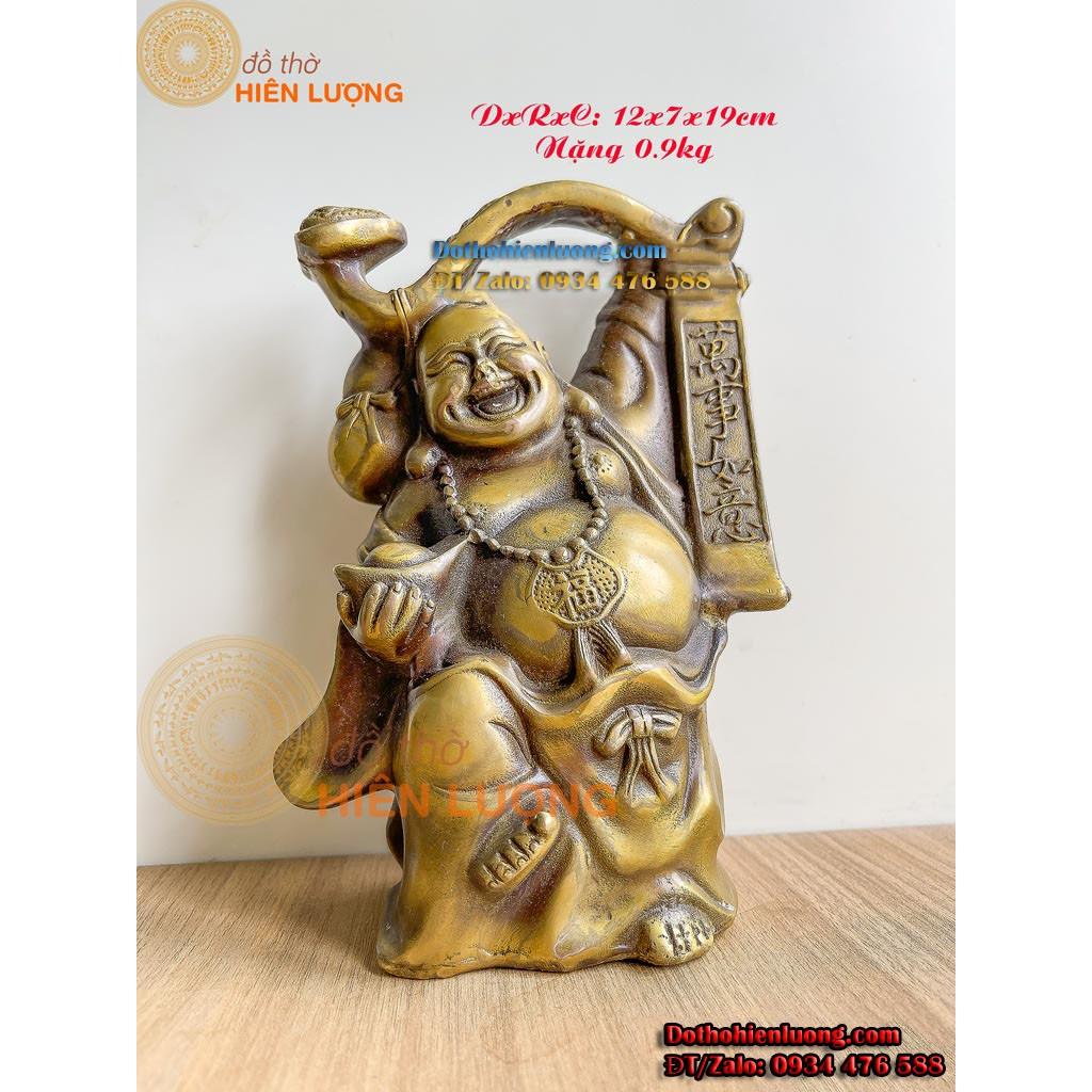 Tượng Phật Di Lặc Vác Gậy Như Ý Bằng Đồng Vàng Cao 19cm