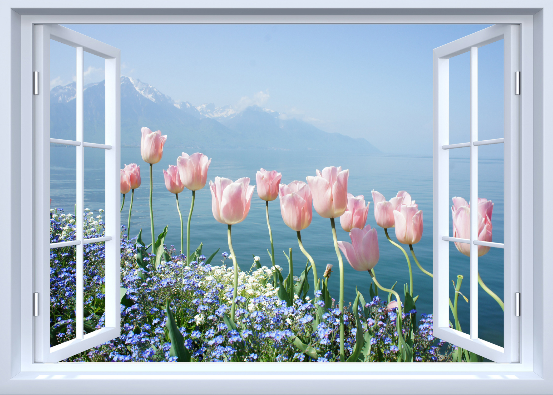 TRANH CỬA SỔ PVP-CS9 Tranh dán tường 3d cửa sổ mở RA BIỂN, BẦU TRỜI XANH, HOA TULIP HỒNG ,Tranh dán tường có sẵn keo,