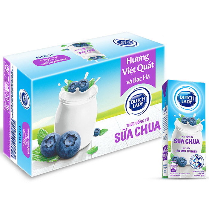 Thùng Sữa Chua Uống Lên Men Tự Nhiên Dutch Lady Hương Việt Quất Và Bạc Hà (48 hộp x 180ml)