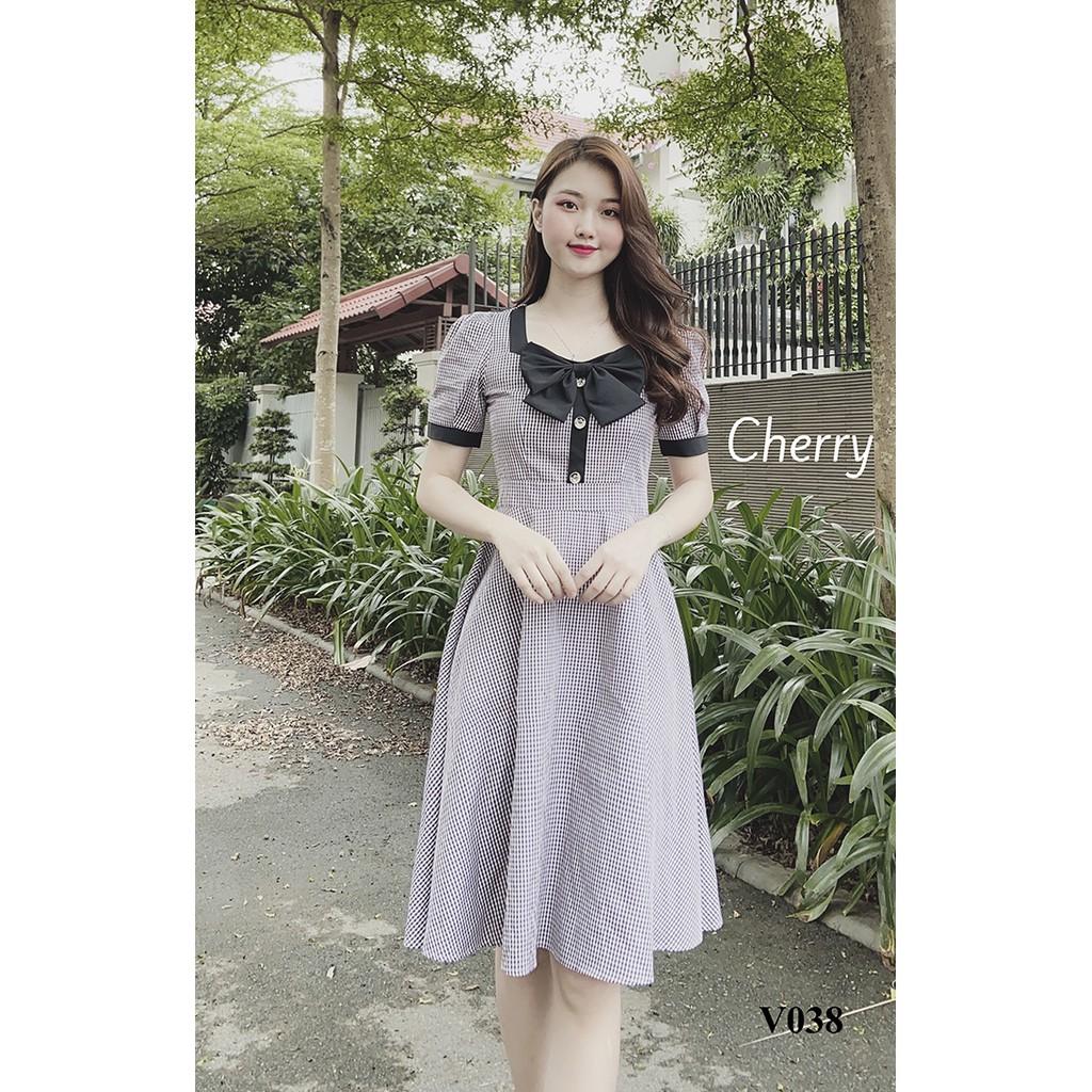 Đầm công sở kẻ caro nhỏ thắt nơ, váy vintage dáng xòe xinh đẹp, ngắn tay xinh xắn phù hợp đi làm dự tiệc Cherry - V038