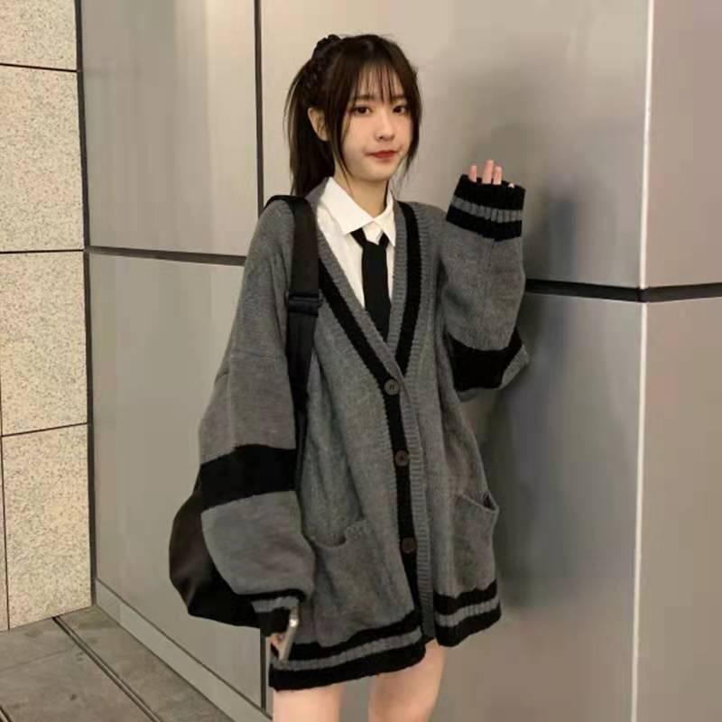 MS286 Áo khoác len cardigan phối màu dáng rộng 2 túi