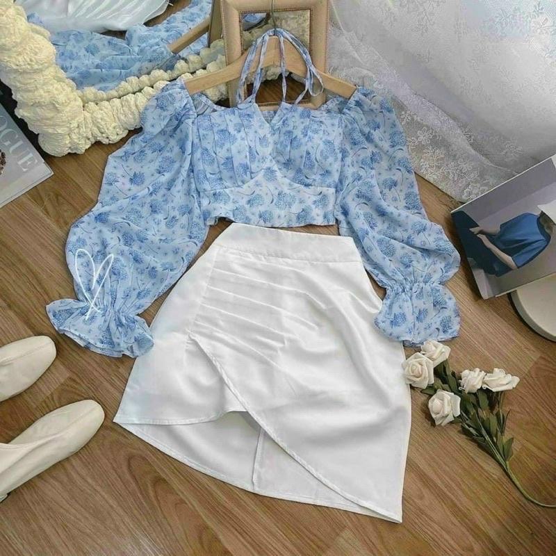 Set áo hoa xanh chân váy trắng