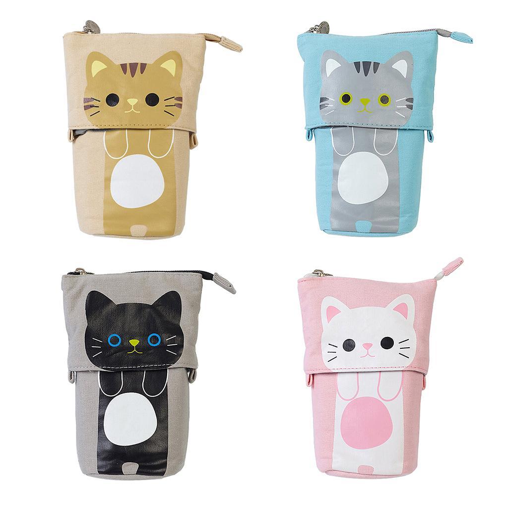 Telescopic Canvas Pen Storage Pencil Case Cosmetic Makeup Organizer Bag Brown