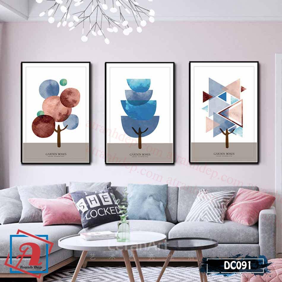 Bộ 3 tranh canvas treo tường Decor cây trừu tượng, cách điệu hình khối – DC091