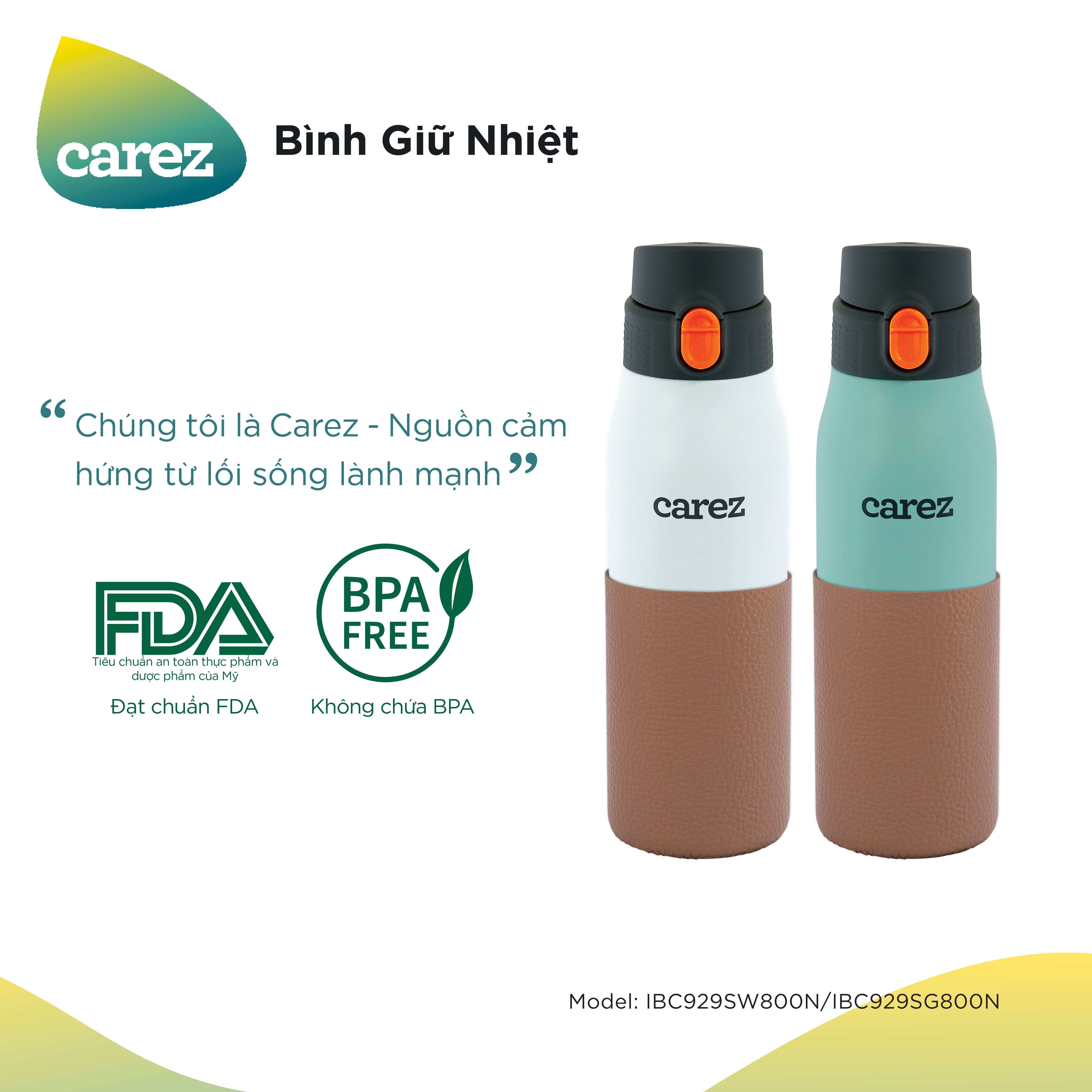 Bình Giử Nhiệt Carez IBC929SW800N - 800ml, Inox 304, Không chứa BPA - Giữ nóng đến 12 tiếng, giữ lạnh đến 24 tiếng - Tặng túi đeo - Hàng chính hãng