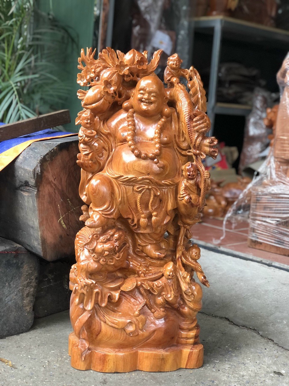 Tượng phật di lặc ngũ phúc bằng gỗ hương đá kt cao 80×35×18cm