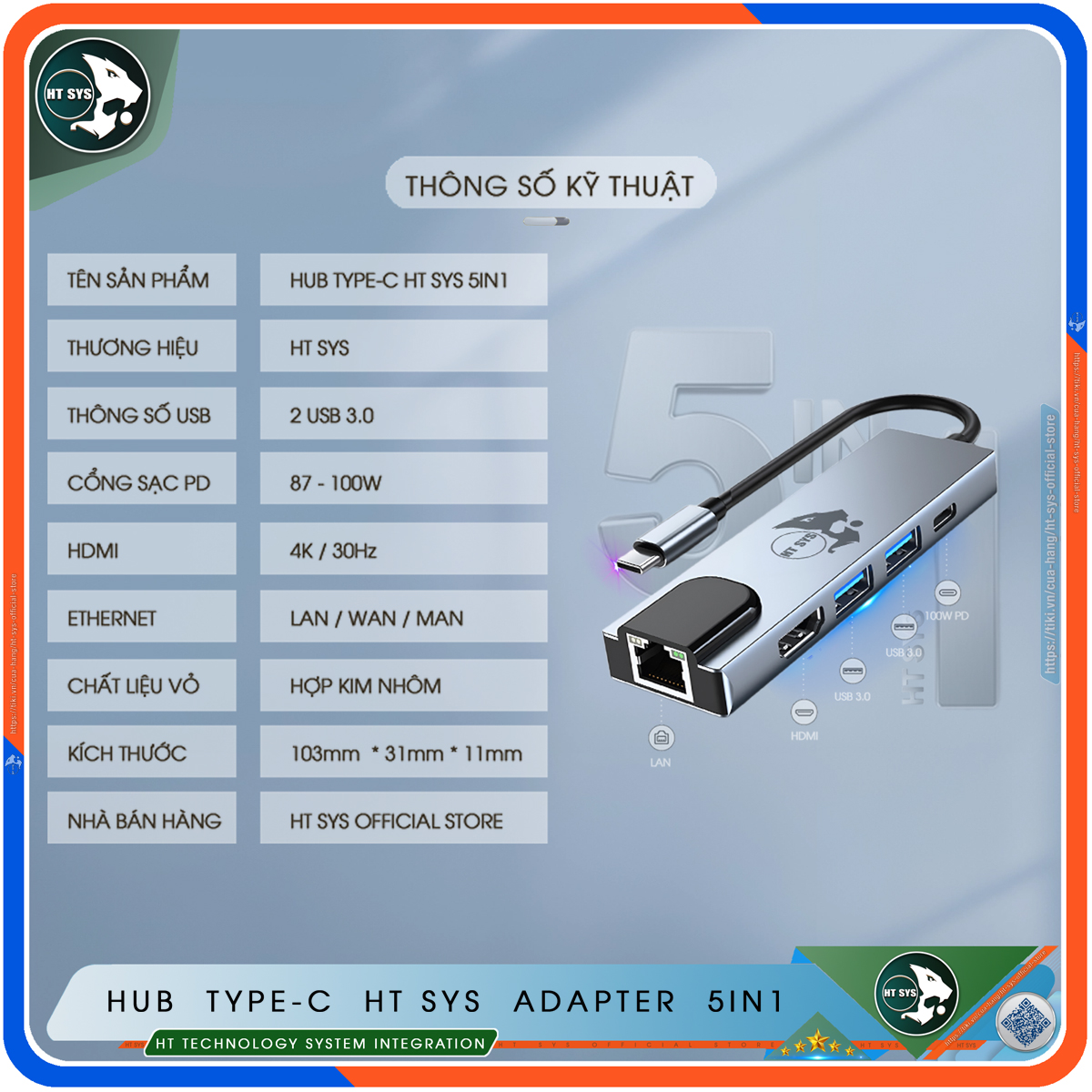 Hub Type C HT SYS 5in1 - Hub Chuyển Đổi USB Type-C To HDMI Chuẩn HDTV - Cổng Mạng Lan / HDMI 4K / USB 3.0 / Sạc Nhanh Type C PD - Kết Nối Nhiều Thiết Bị Với Tốc Độ Cao - Dành Cho MacBook / Tivi / Laptop / PC / Máy Tính Bảng / Smartphone – Hàng Chính Hãng