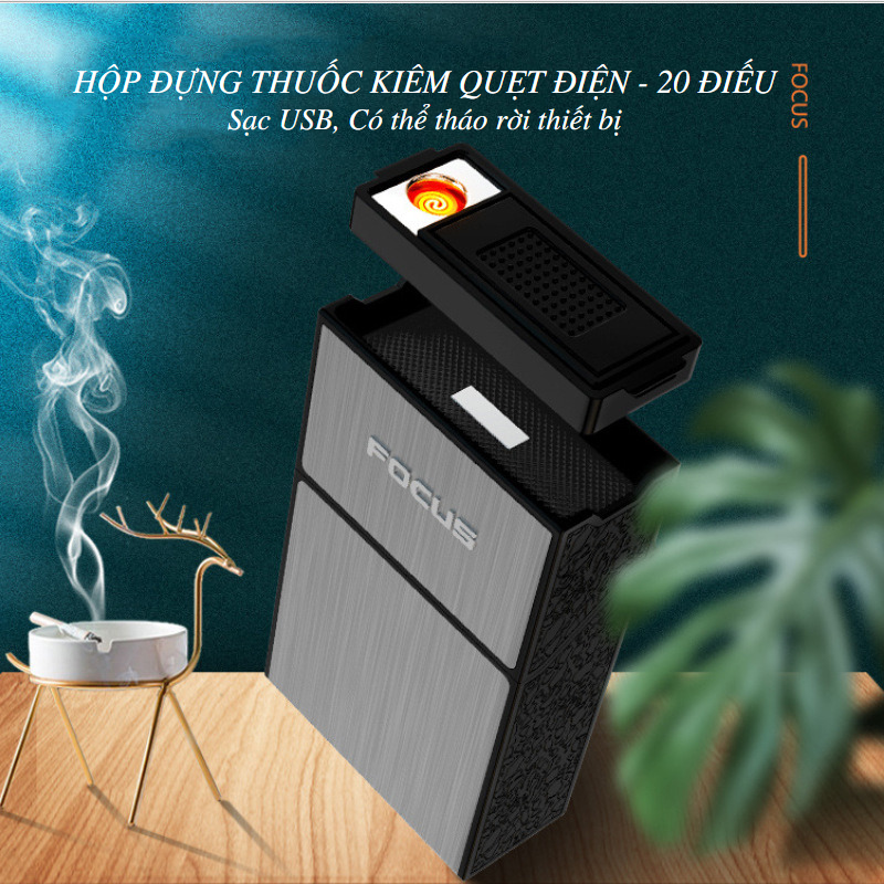 Hộp Đựng Thuoc La Đựng Cả Gói 20 Điếu Tích Hợp Bật Lửa Tia Sợi Đốt Sạc Pin USB Đời Mới