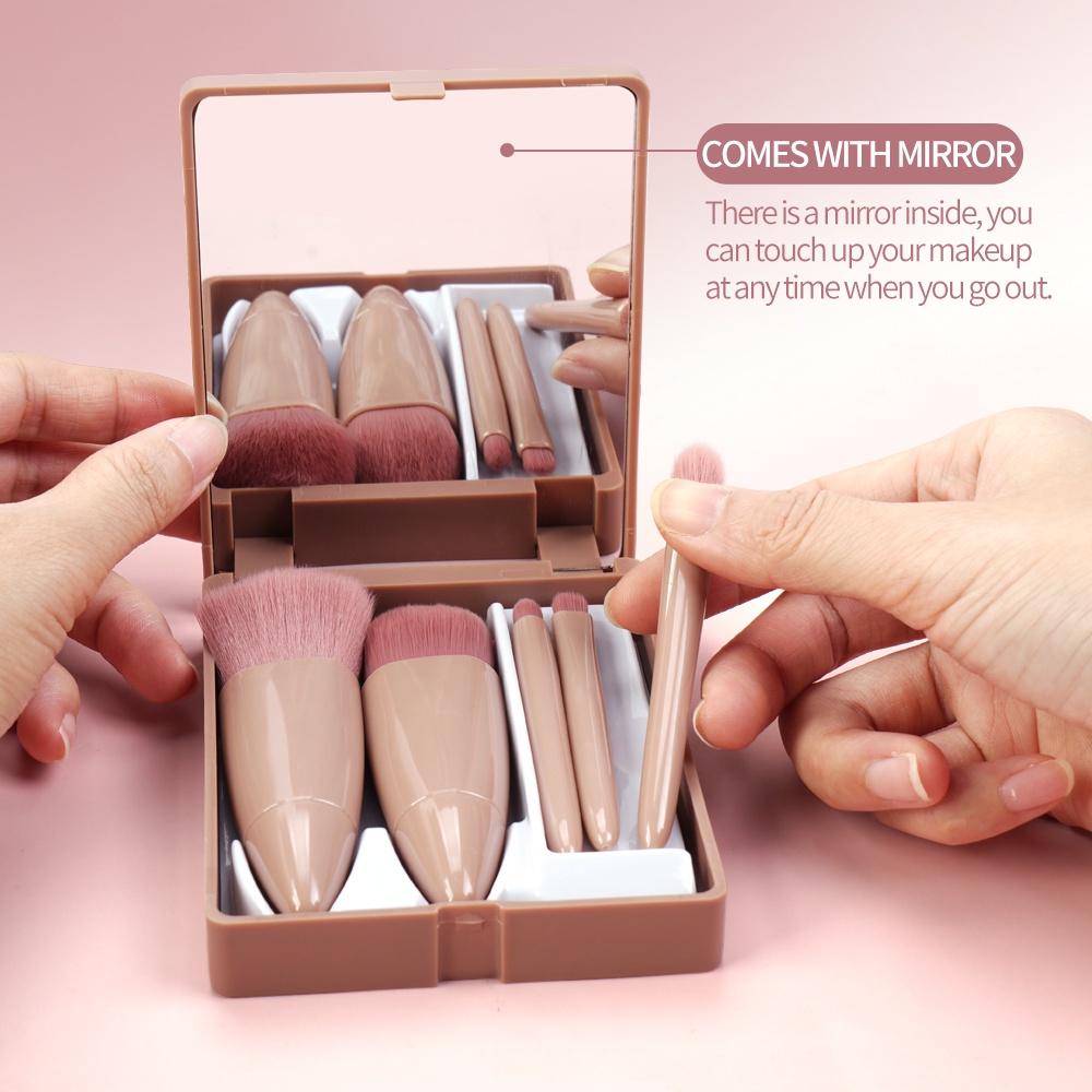 Hộp 5 Cọ Trang Điểm Makeup Có Gương Soi Cao Cấp Nhỏ Gọn Tiện Lợi
