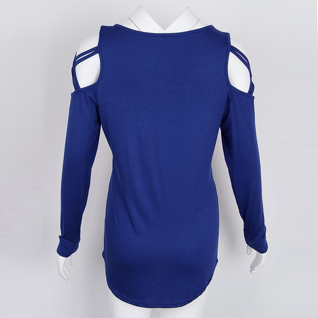 Women Solid Strappy Cold Shoulder Tops Long Sleeves T Shirt Blouse