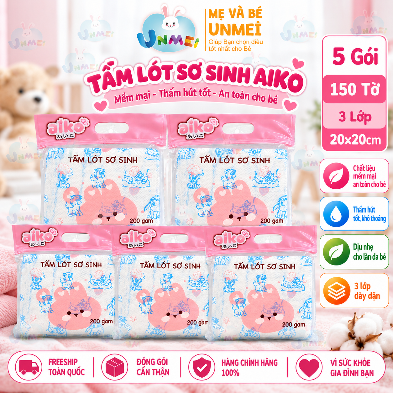 Combo 5 Bịch Tấm Lót Xu Sơ Sinh Aiko Bịch 30 Miếng