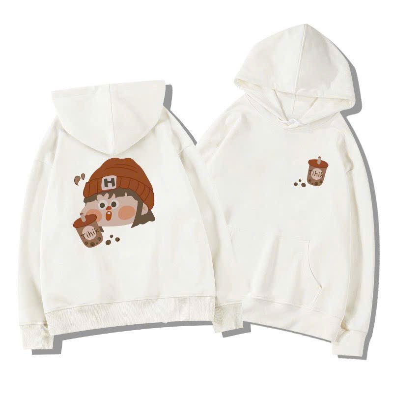 Áo Hoodie Coupe Nam Nữ In Hình Cô Bé Cậu Bé Trà Sữa Vải Nỉ Form Rộng Unisex, Áo hoodie Màu Đen In Họa Tiết Hoạt Hình Dễ Thương Phong Cách Hàn Quốc Thời Trang Cho Cặp Đôi