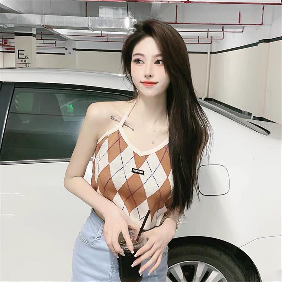 Áo yếm croptop dệt kim caro nữ - Áo ba lỗ len kiểu buộc dây cô tim dáng ngắn hàng đẹp thiết kế Quảng Châu cao cấp