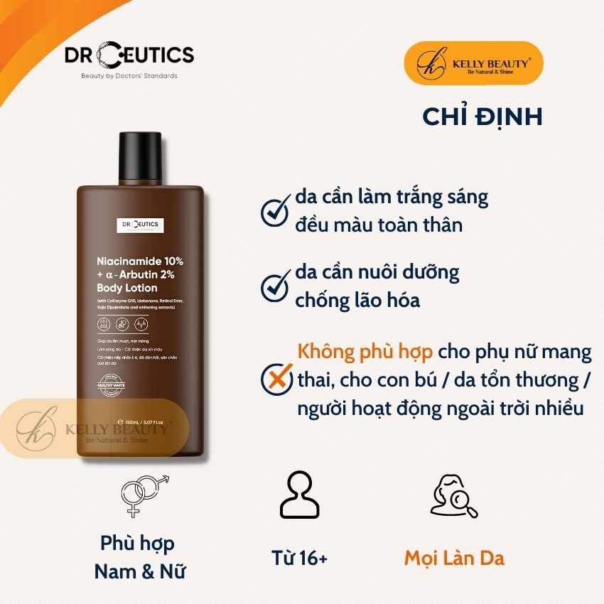 Sữa Dưỡng Thể Trắng Da DrCeutics - Dưỡng Ẩm, Nâng Tông, Chống Lão Hóa Da - Niacinamide 10% + α–Arbutin 2% | Kelly Beauty