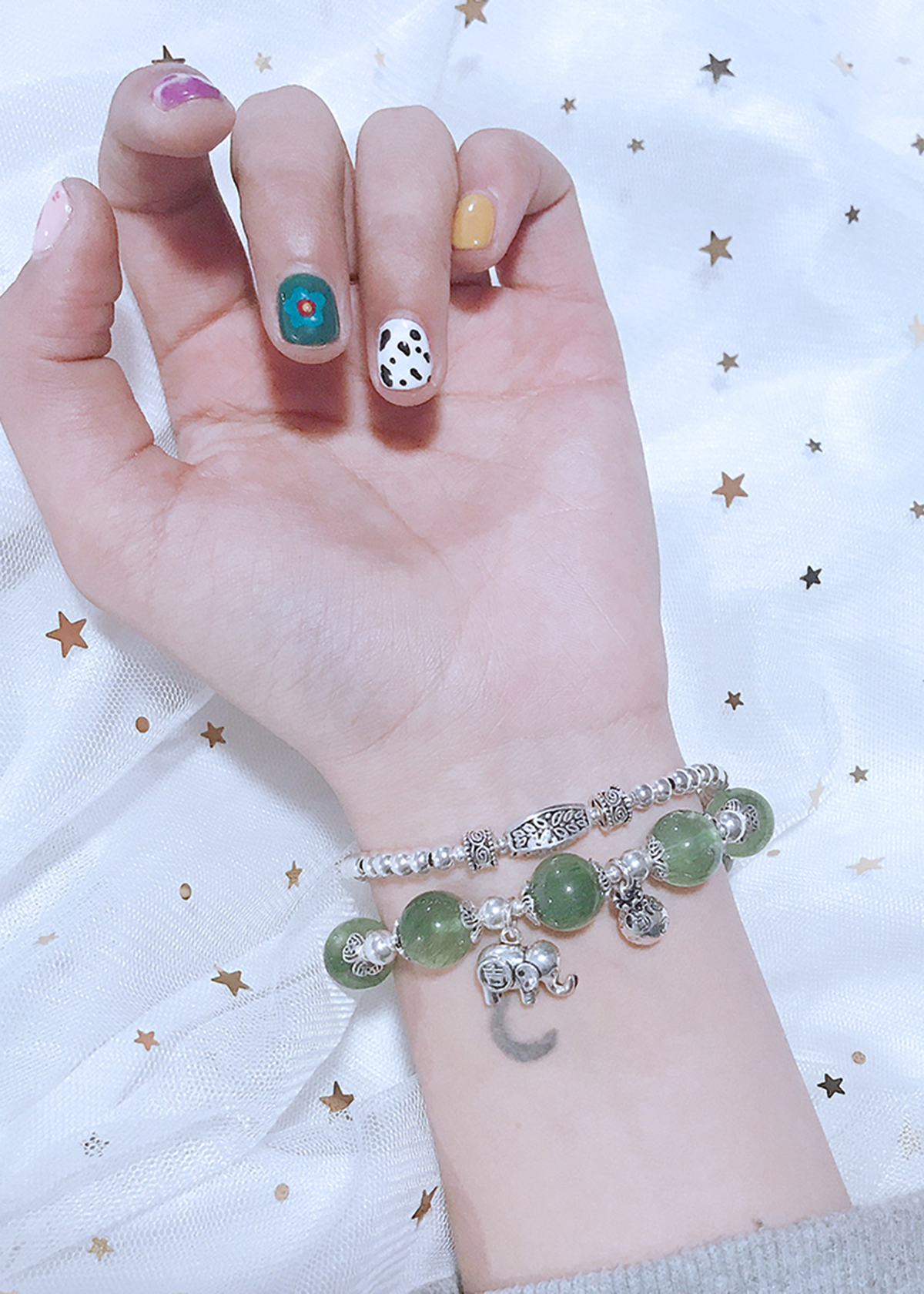 Vòng 2 line đá thạch anh tóc xanh phối charm voi mệnh hỏa, mộc - Ngọc Quý Gemstones