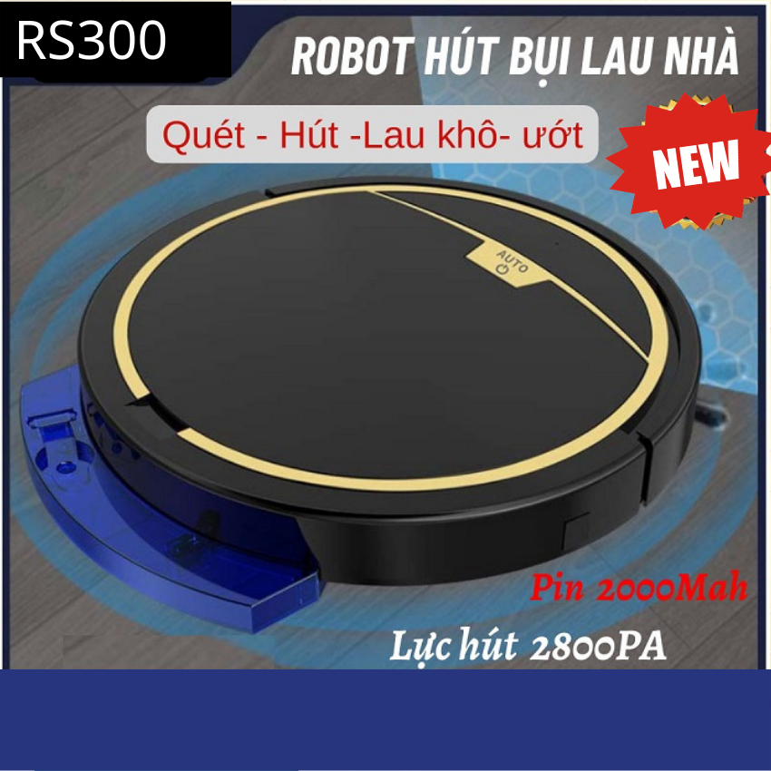 Robot Hút Bụi Lau Sàn RS300 Cảm Biến Chống Rơi, Remote Điều Khiển Từ Xa, Lực Hút 2800Pa Cực Khỏe, Lượng Pin 2000mAh , Có Khay Đựng Nước Riêng