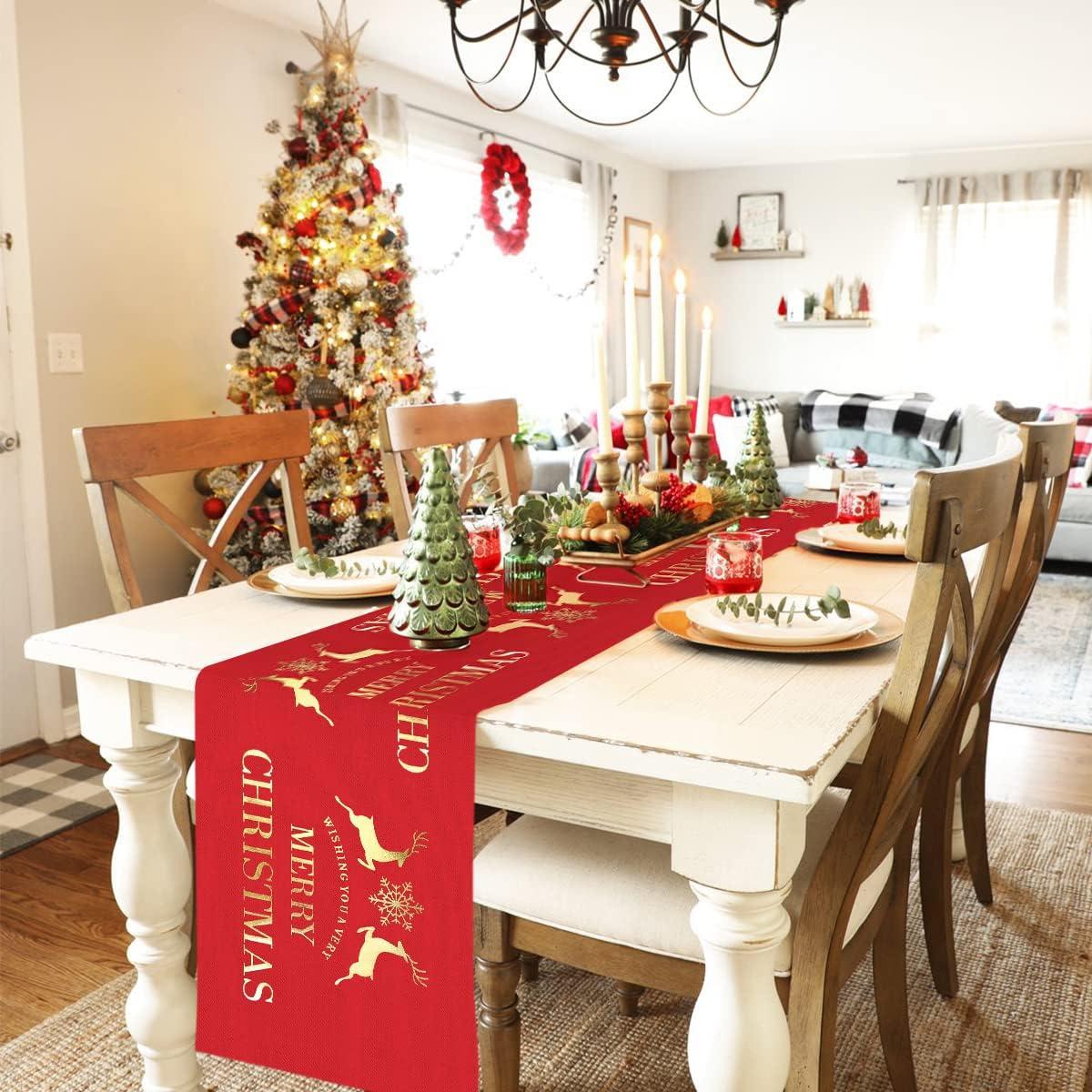 Người chạy bàn Giáng sinh, áo đỏ và trang trí bàn Giáng sinh bằng vải lanh với nai sừng tấm hoặc bông tuyết, khăn trải bàn Giáng sinh và đường dẫn cho trang trí bàn Giáng sinh
