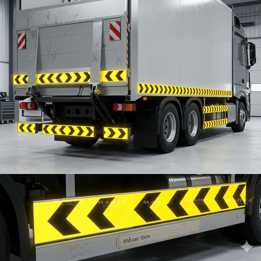 Cuộn Phản Quang khổ rộng 10 cm x 25 mét, Cảnh Báo An Toàn Hình Mũi Tên Dùng Dán Xe Ô tô, Thùng Xe Tải, An Toàn, chất liệu PVC Chống Thấm Nước - Mũi Tên Vàng Đen - Mai Lee