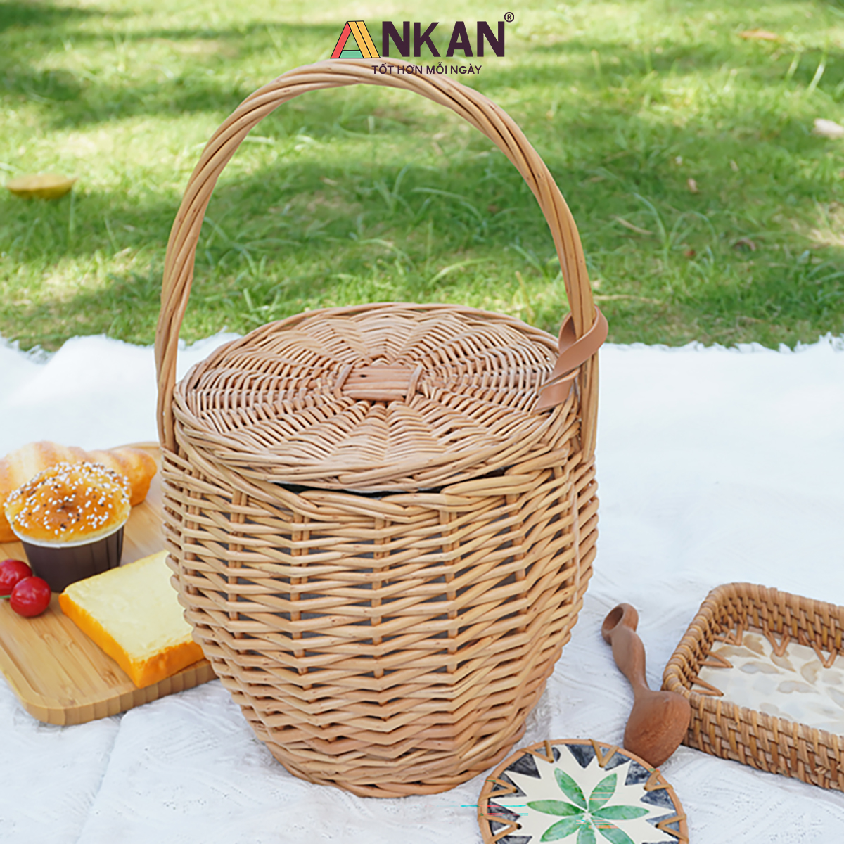 Giỏ Mây Picnic Có Nắp Quai Xách Vintage - Giỏ Mây Tre Đan Thủ Công Cao Cấp Đựng Đồ Ăn, Decor Chụp Ảnh Dã Ngoại
