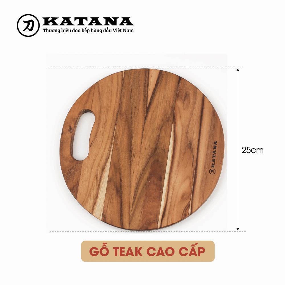 Thớt Gỗ Teak Cao Cấp KATANA - Hình Tròn - Có Tay Cầm và Lỗ Treo - Hàng Chính Hãng BH 12 Tháng 1 Đổi 1 Trong 7 Ngày