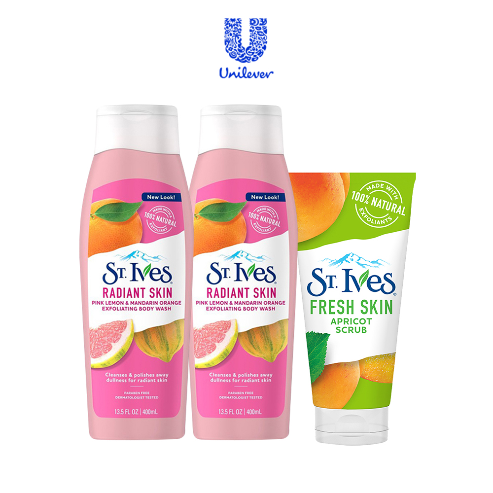 Bộ 2 sữa tắm St.Ives Cam chanh (400ml x 2) + Sữa rửa mặt tẩy tế bào da chết tươi mát St.Ives Chiết Xuất Trái Mơ 170g